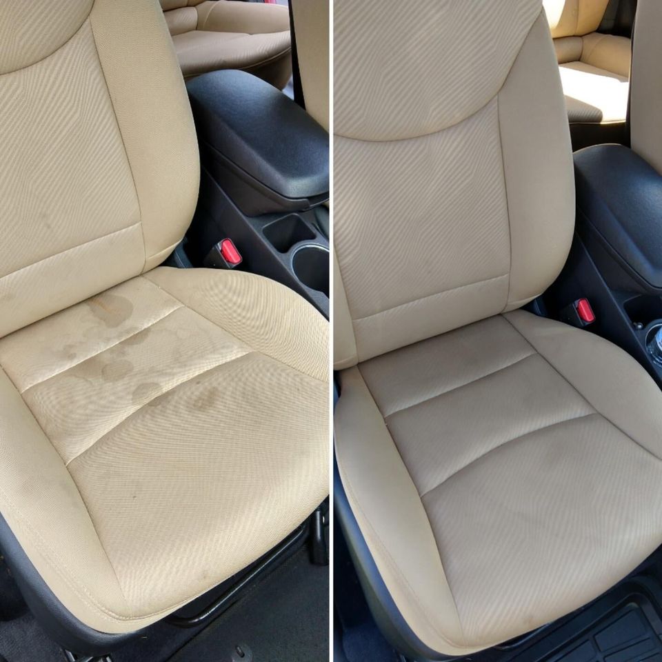 A citrus-scented foaming car upholstery cleaner