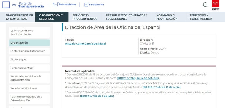 En el portal de Transparencia de la Comunidad de Madrid aparece Toni Cantó como jefe de la oficina.