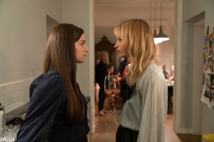 Just days after Celeste (Katrine De Candole, right) and Yasmin (Marisa Abela, left) have sex, tensions rise over Yasmin's father's status as a Pierpoint client.