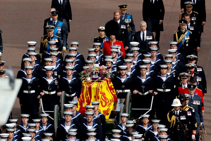 The Queen's funeral cortege borne on the State Gun Carriage of the Royal Navy.