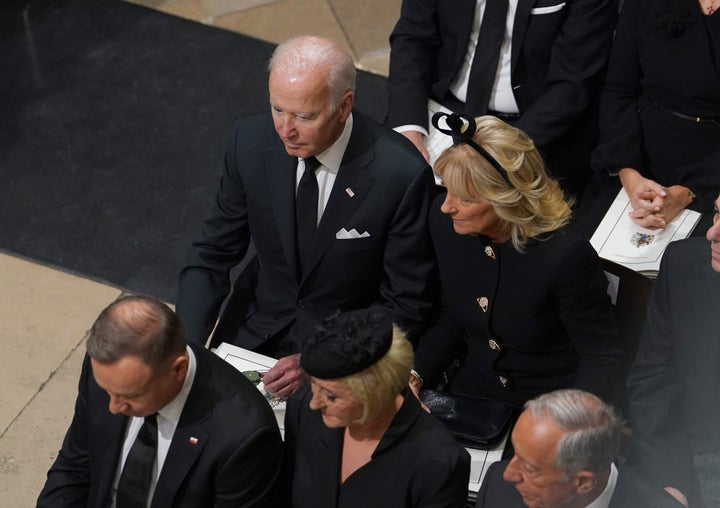 Joe Biden and Jill Biden at Westminster Abbey for Queen Elizabeth II's funeral.