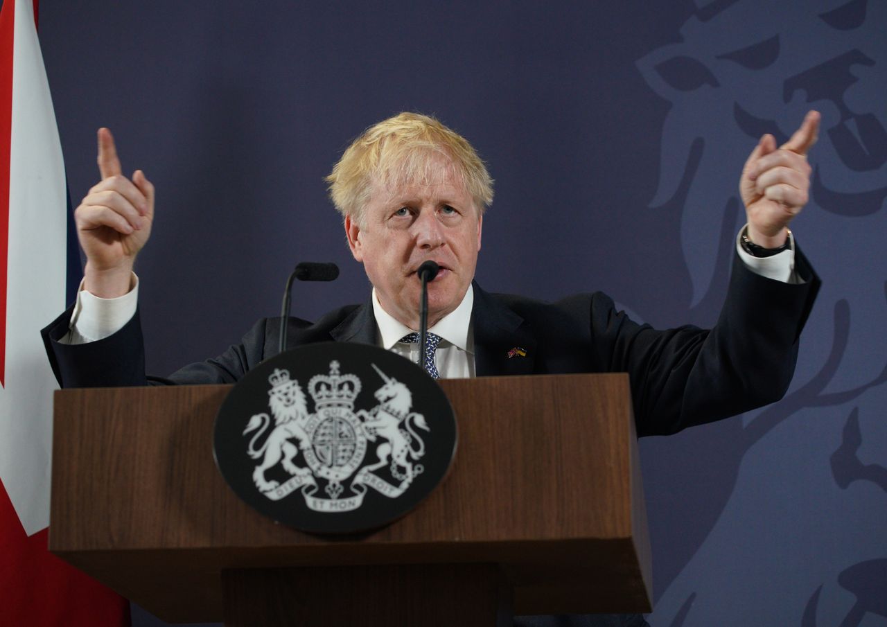 Former prime minister Boris Johnson during a speech in Blackpool where he announced new housing measures.