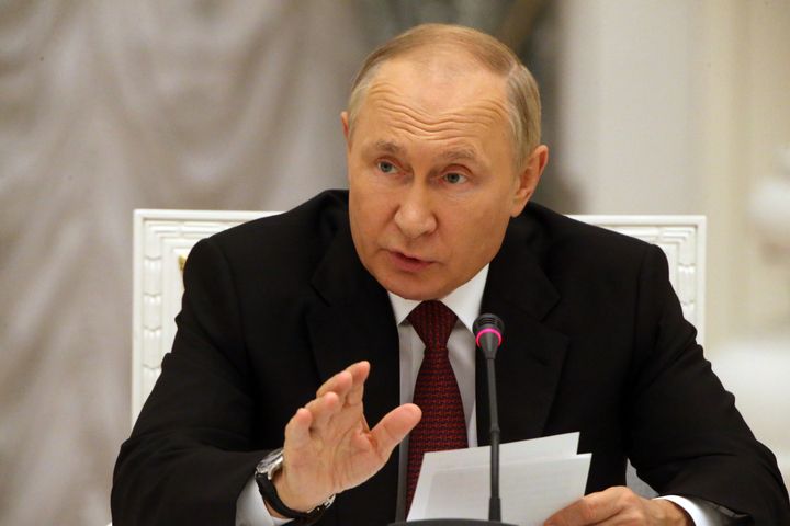 Russian President Putin delivers a speech during a meeting on the military-industrial complex at the Kremlin on Sept. 20, 2022 in Moscow, Russia. Russian President Putin on Tuesday blasted what he described as U.S. efforts to preserve its global domination, saying they are doomed to fail. 