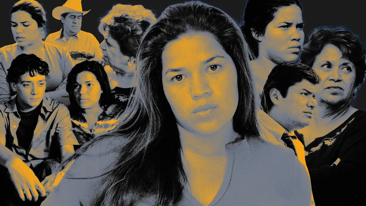 Collage of over-exposed photos of actors from the flm, with lead America Ferrera in foreground