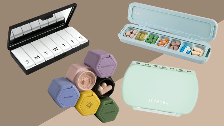 A mirror pillbox from Nordstrom, long pill case from Amazon, supplement case from Sephora and magnetic boxes from Capsule.