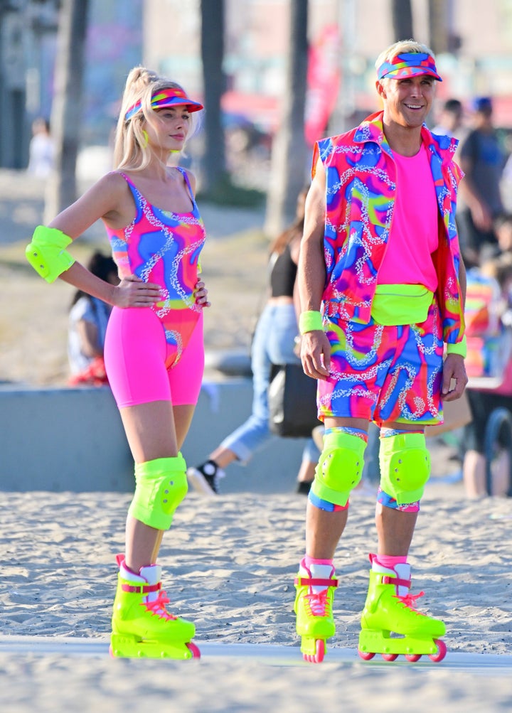 Margot Robbie (left) and Ryan Gosling on the set of Greta Gerwig's "Barbie." 