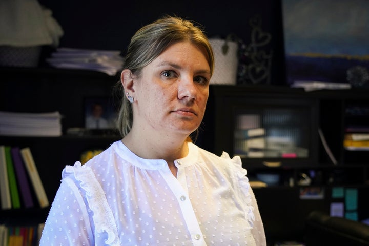 Aimee Bock, the executive director of the nonprofit Feeding Our Future, speaks on Thursday, Jan. 27, 2022 in St. Anthony, Minn. Bock was among those indicted Tuesday. (Shari L. Gross/Star Tribune via AP)