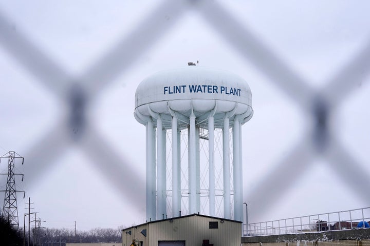 FILE - The Flint Water Plant tower is seen on January 6, 2022 in Flint, Michigan. Residents of the mostly black city were exposed to lead after the city used water from the Flint River and failed to treat it to reduce the corrosive effect of old pipes.