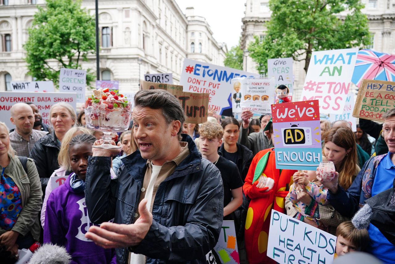 Jamie Oliver takes part in a demonstration outside Downing Street calling for Boris Johnson to reconsider his U-turn on the anti-obesity strategy. 