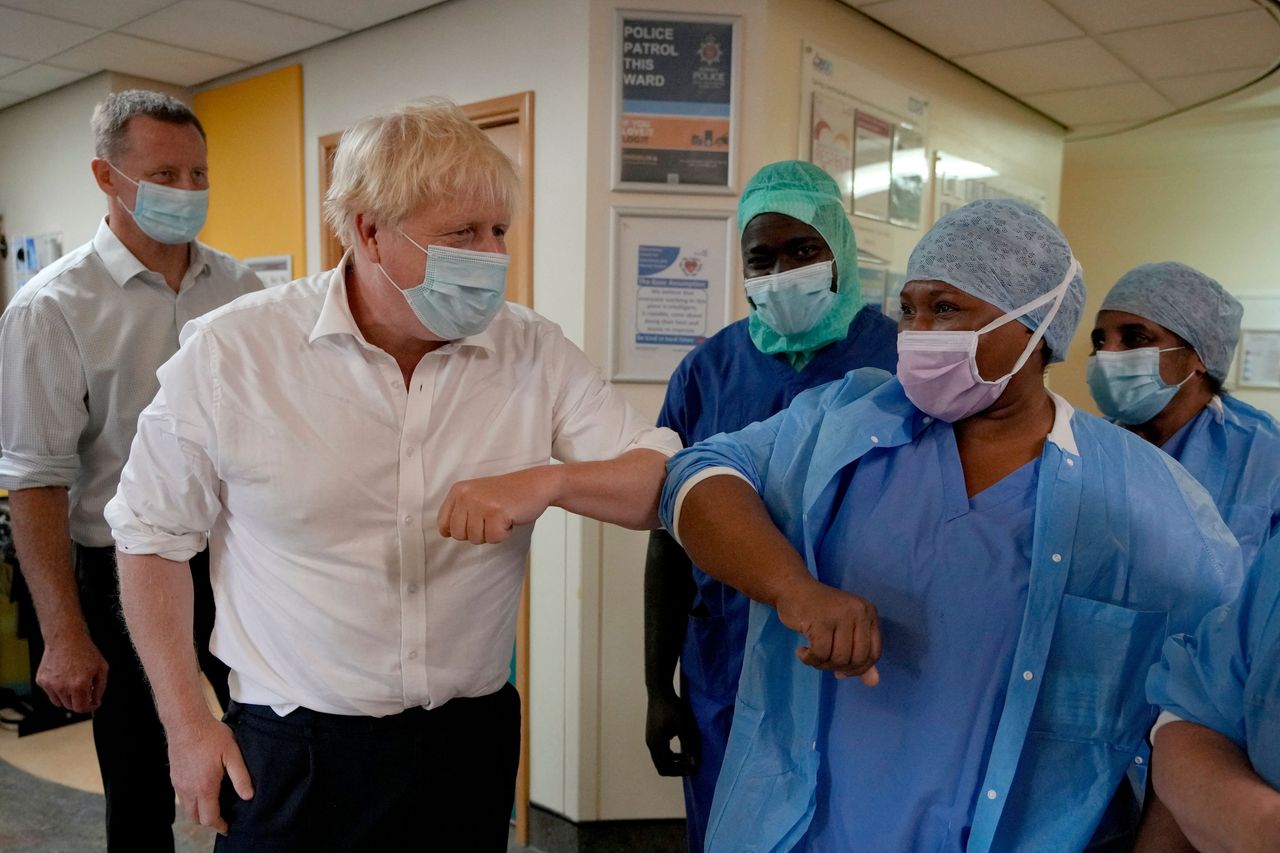 Former prime minister Boris Johnson visits the South West London Orthopaedic Centre in Epsom.