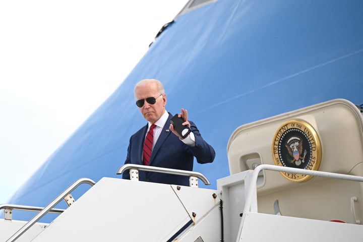 President Joe Biden waves as he disembarks Air Force One at John F Kennedy International Airport in New York City on Sept. 20, 2022.