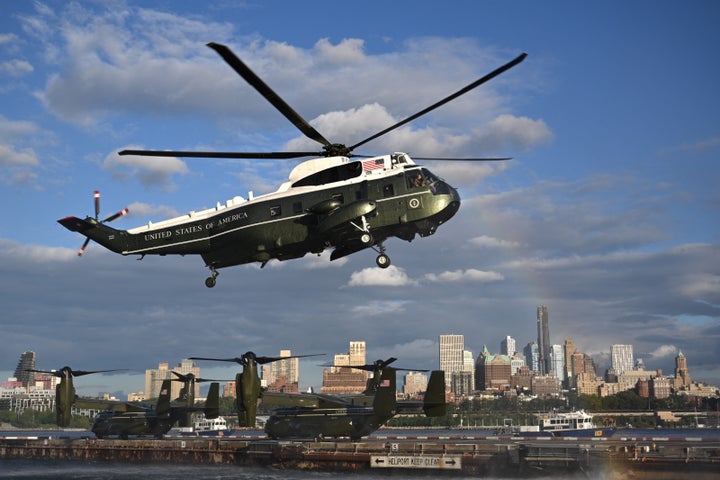 On September 20, 2022, Marine One carrying President Joe Biden arrives at the Wall Street Landing Zone in Lower Manhattan, New York.