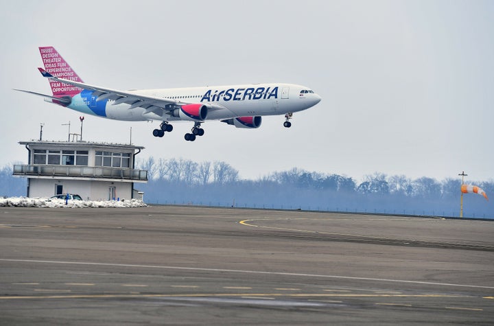 An Air Serbia flight arrives at the Belgrade Airport in this January, 2021 file photo. Tickets for the Moscow-Belgrade flights operated by Air Serbia sold out for the next several days after Russian President Vladimir Putin announced a mobilization of military reservists for the war in Ukraine. (Xinhua/Predrag Milosavljevic via Getty Images)