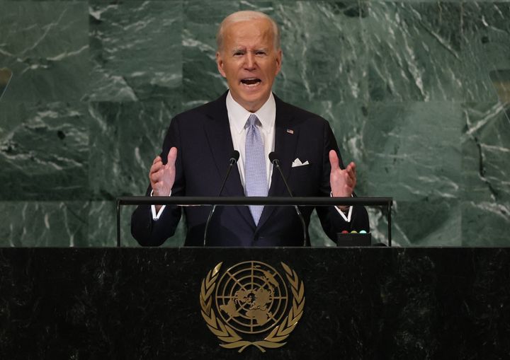 Ο πρόεδρος των ΗΠΑ Τζο Μπάιντεν απευθύνεται στην 77η Σύνοδο της Γενικής Συνέλευσης των Ηνωμένων Εθνών στον ΟΗΕ. Έδρα στη Νέα Υόρκη, ΗΠΑ, 21 Σεπτεμβρίου 2022.