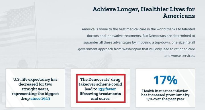 A screenshot from the Commitment to America's web site criticizes the law Democrats passed to lower prescription drug costs.