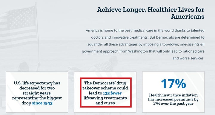 A screenshot from the Commitment to America's web site criticizes the law Democrats passed to lower prescription drug costs.