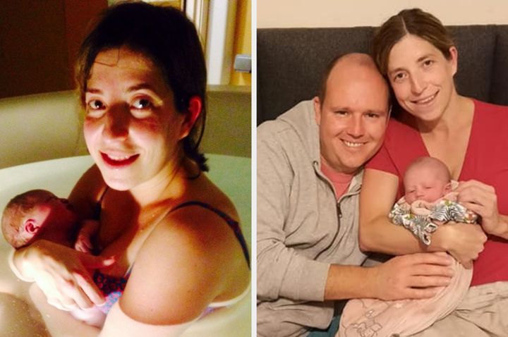 Links: Corinne mit ihrer Tochter Zoe kurz nach ihrer Geburt im Entbindungsbecken des Krankenhauses.  Rechts: John, Corinne und Freddy.