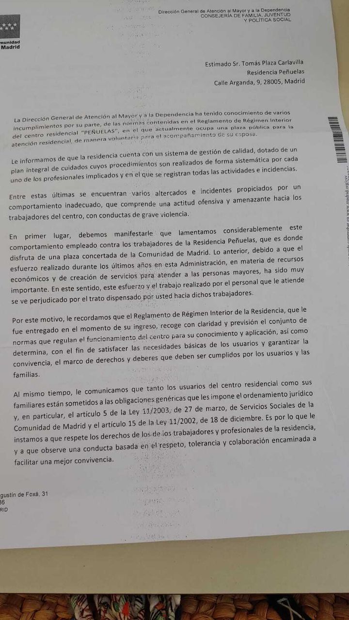 Carta del director de Atención al Mayor de Madrid a un anciano que se quejó de su residencia pública.