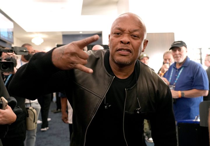 Rapper Dr. Dre poses backstage before the Pepsi Super Bowl Halftime Show.