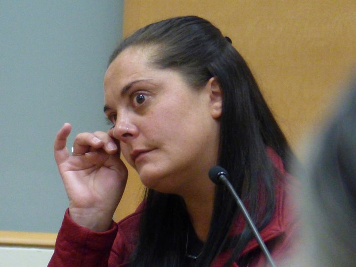 Erica Lafferty wipes away a tear as she testifies during Alex Jones' Sandy Hook defamation damages trial at Connecticut Superior Court in Waterbury, Connecticut, on Wednesday. Lafferty's mother, Dawn Lafferty Hochsprung, was killed during the Sandy Hook Elementary School shooting in 2012.