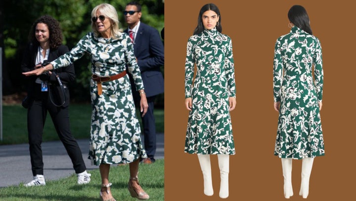 First lady Dr. Jill Biden, wearing the Thea dress, walks on the South Lawn of the White House before boarding Marine One on Friday, Sept. 2, 2022.