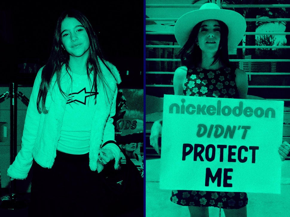 Alexa Nikolas as a child actor in 2004, left, and protesting in 2022, as streamed on Instagram.