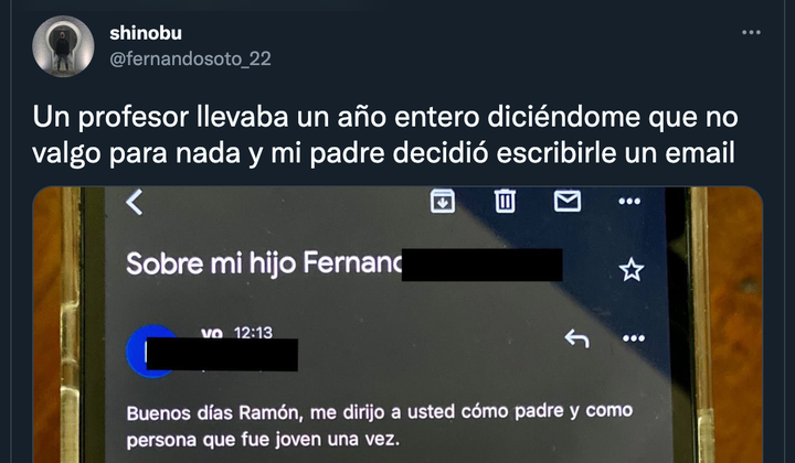 Tuit de un email de un padre al profesor de su hijo