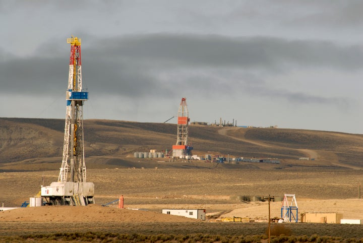 Gas rigs line the Pinedale Anticline on federal and private land near Pinedale, south of Jackson Hole, Wyoming.