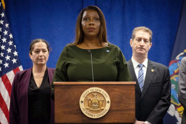 New York Attorney General Letitia James speaks during a press conference regarding former US President Donald Trump and his family's financial fraud case on September 21, 2022 in New York. - James filed a civil suit against former President Donald Trump and his family for overstating asset valuations and deflating his net worth by billions for tax and insurance benefits. James told journalists her office is seeking that the former president pay $250 million in penalties, as well as banning his family "from running NY business for good" and barring him and his company from purchasing property in the state for five years. (Photo by Yuki IWAMURA / AFP) (Photo by YUKI IWAMURA/AFP via Getty Images)