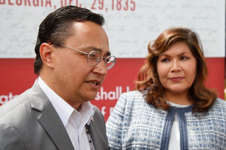 Cherokee Nation Principal Chief Chuck Hoskin Jr., left, at the 2019 announcement that he intended to send former Obama White House staffer Kim Teehee, right, to Washington as the Cherokees' delegate in the House of Representatives.