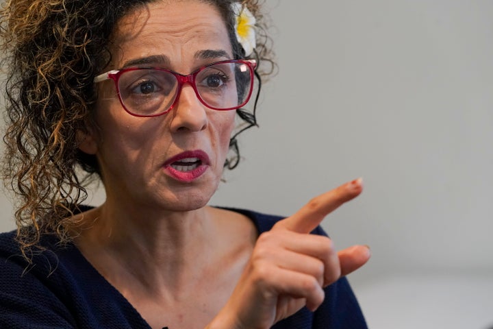 Iranian dissident Masih Alinejad gestures as she speaks during an interview with The Associated Press, Friday, Sept. 23, 2022, in New York. (AP Photo/Mary Altaffer)