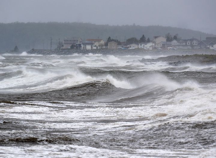 Waves hit the shore in Eastern Passage, Nova Scotia, on Saturday.