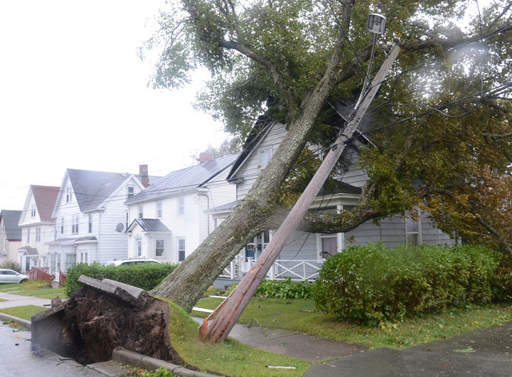 Fallen trees lean against a house in Sydney, N.S. as post tropical storm Fiona continues to batter the Maritimes on Saturday, Sept. 24, 2022. Strong rains and winds lashed the Atlantic Canada region as Fiona closed in early Saturday as a big, powerful post-tropical cyclone, and Canadian forecasters warned it could be one of the most severe storms in the country's history.(Vaughan Merchant /The Canadian Press via AP)