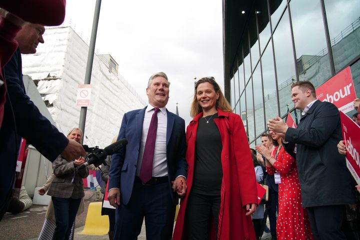 Labour leader Keir Starmer and his wife Victoria, are greeted by party supporters as they arrive at the Pullman Liverpool, ahead of the start of the Labour conference.
