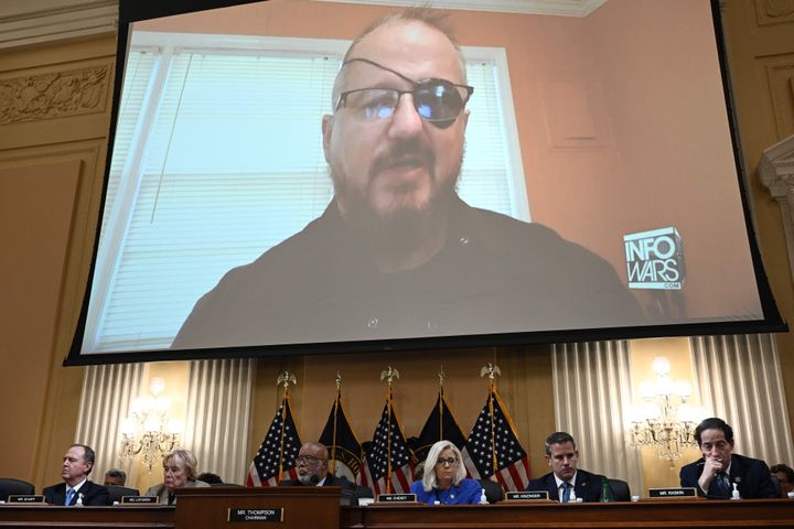 Stewart Rhodes, founder of the Oath Keepers, is seen on a screen during a House Select Committee hearing to Investigate the January 6th Attack on the US Capitol, in the Cannon House Office Building on Capitol Hill in Washington, DC on June 9, 2022. (Photo by Brendan SMIALOWSKI / AFP) (Photo by BRENDAN SMIALOWSKI/AFP via Getty Images)