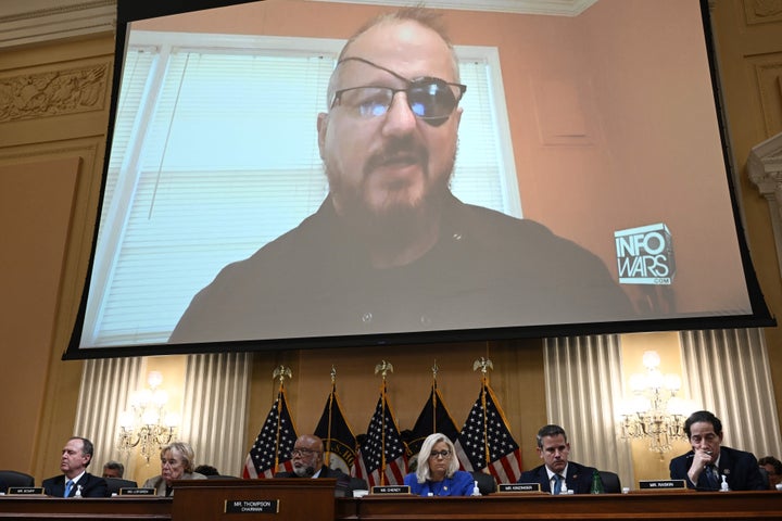 Stewart Rhodes, the founder of Oath Keepers, is seen on a screen during a House Select Committee hearing to investigate the January 6 attack on the US Capitol in the Cannon House Office Building on Capitol Hill in Washington, DC on June 9, 2022. (Photo by Brendan SMIALOWSKI / AFP) (Photo by BRENDAN SMIALOWSKI / AFP via Getty Images)