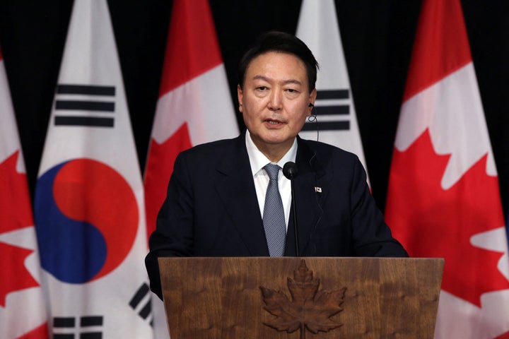 South Korean President Yoon Suk-yeol speaks during a press conference with Canadian Prime Minister Justin Trudeau in Ottawa, Canada, on September 23, 2022. (Photo by Dave Chan / AFP) (Photo by DAVE CHAN/AFP via Getty Images)