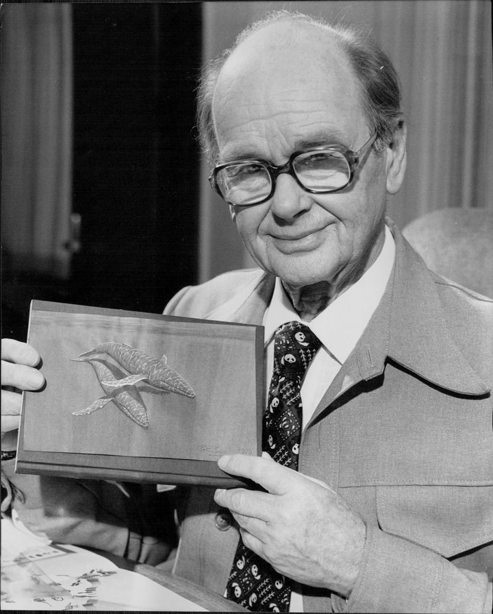 ネッシーの学名を提案したイギリスの生物学者ピーター・スコット卿。自身が描いたザトウクジラのイラストを手にしている（1974年撮影）