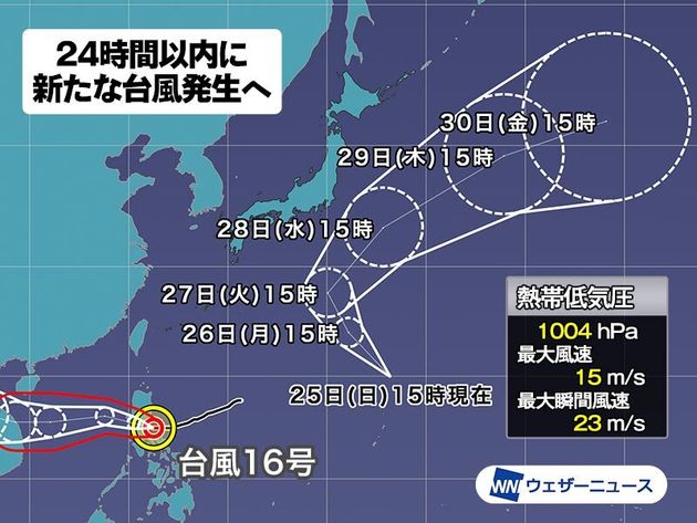 台風に変わる可能性がある熱帯低気圧の予想経路図