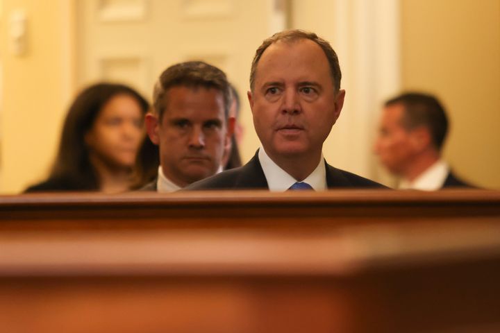 Committee member Rep. Adam Schiff (D-Calif.) enters the hearing room following a brief recess, during the seventh hearing held by the Select Committee to Investigate the Jan. 6 attack on the U.S. Capitol on July 12, 2022, on Capitol Hill in Washington.