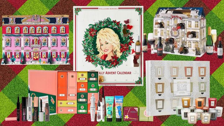 A keepsake treasures calendar from Anthropologie, a Dolly Parton sweets calendar, a 24-bottle selection of wine, Benefit Cosmetics' bestsellers Advent calendar and a Voluspa candle sampler calendar.