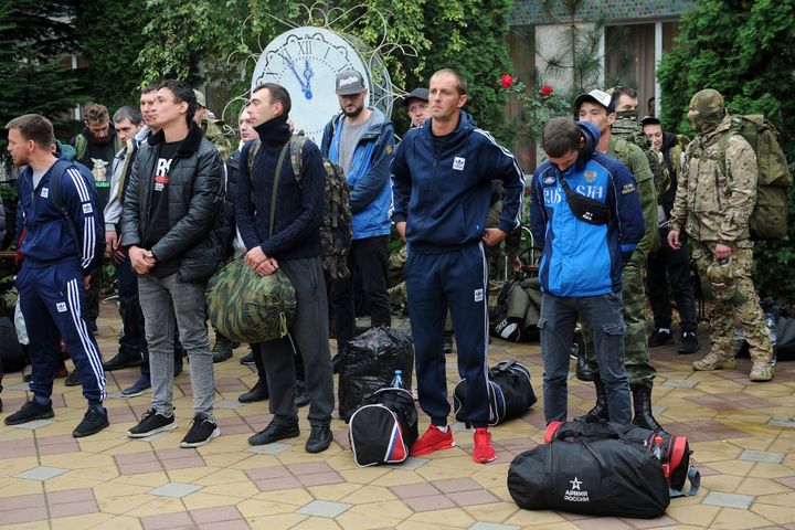 Russian recruits gather outside a military recruitment center of Bataysk, Rostov-on-Don region, south of Russia, on Sept. 26, 2022. 
