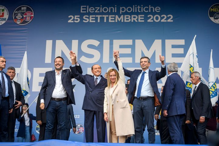 (From left) Matteo Salvini of "Lega" political party, Silvio Berlusconi of “Forza Italia" party, Giorgia Meloni of “Fratelli d'Italia" party and Maurizio Lupi of “Noi Con l’Italia” party 