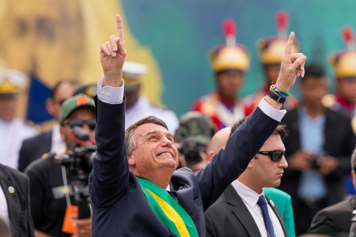 Brazil's President Jair Bolsonaro points up during a military parade to celebrate the bicentennial of the country's independence from Portugal, in Brasília, Brazil, Sept. 7.