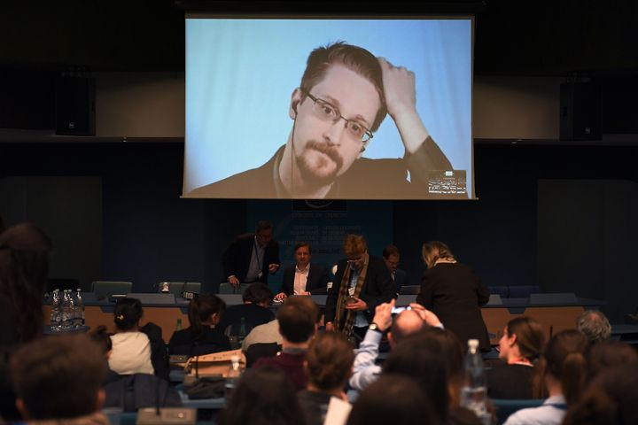 Former U.S. National Security Agency (NSA) contractor and whistle blower Edward Snowden speaks via video link from Russia as he takes part in a round table meeting on the subject of "Improving the protection of whistleblowers" on March 15, 2019, at the Council of Europe in Strasbourg, eastern France. 