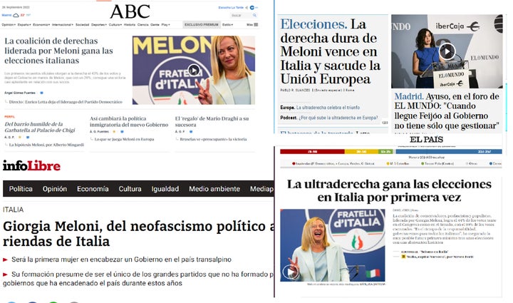 Varios titulares de distintos medios de comunicación sobre la victoria de Meloni en las elecciones italianas.