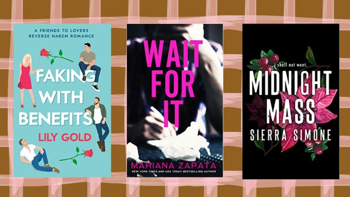 "Faking With Benefits" by Lily Gold, Mariana Zapata's "Wait For It," and "Midnight Mass" by Sierra Simone.