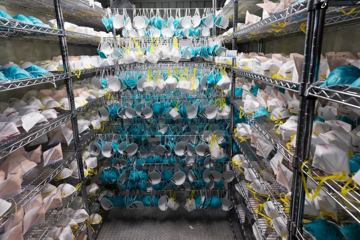 Protective masks hang in a decontamination unit in Somerville, Massachusetts. 