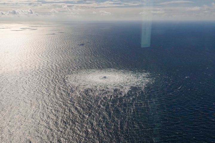 A large disturbance in the sea can be observed off the coast of the Danish island of Bornholm on Sept. 27, 2022 following a series of unusual leaks on two natural gas pipelines running from Russia under the Baltic Sea to Germany have triggered concerns about possible sabotage. Danish Prime Minister Mette Frederiksen says she “cannot rule out” sabotage after three leaks were detected on Nord Stream 1 and 2. 