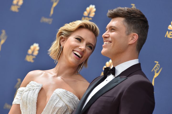 Scarlett Johansson and Colin Jost attend the 70th Emmy Awards on Sep. 17, 2018, in Los Angeles.
